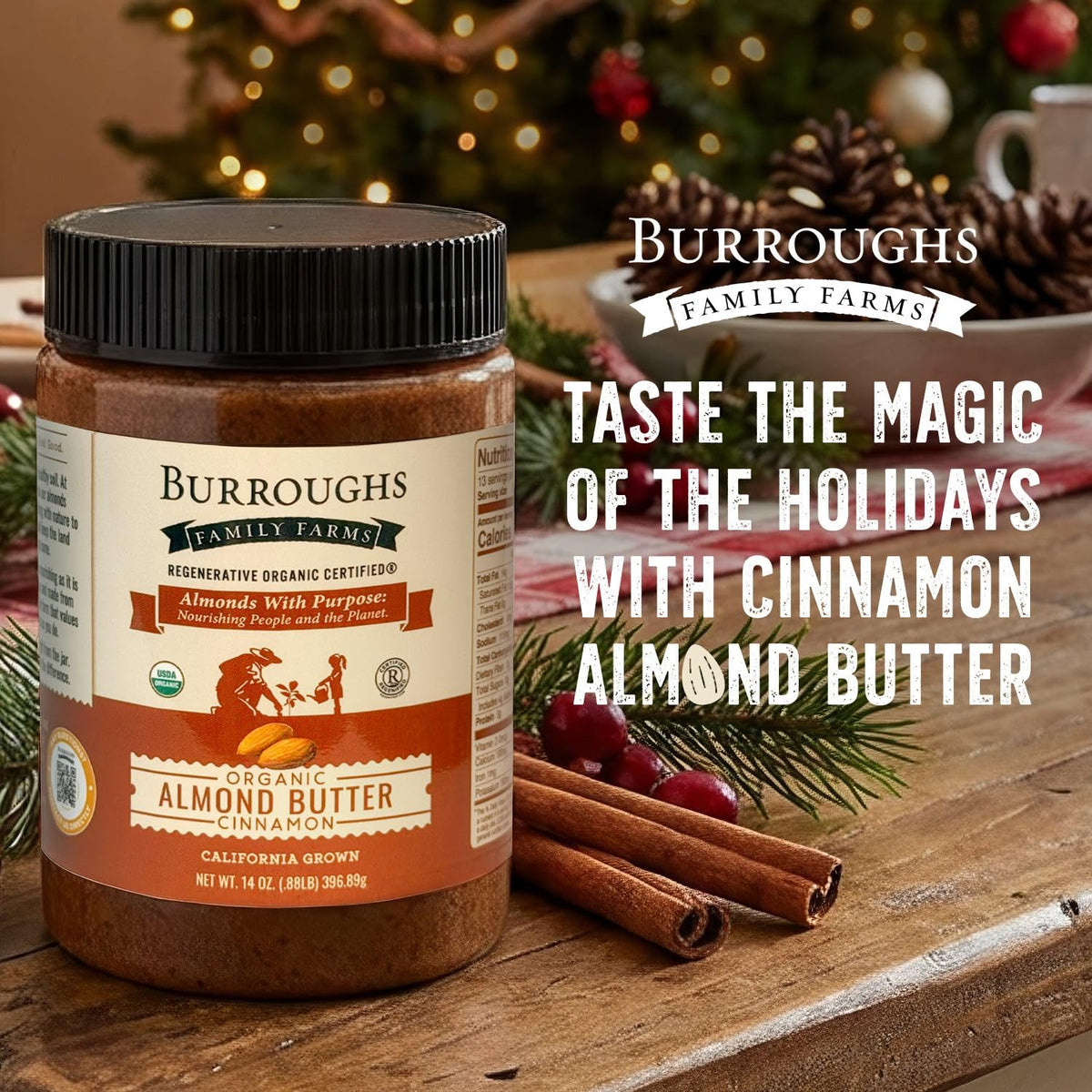 Close-up of Burroughs almond butter reveals smooth texture for smoothies.