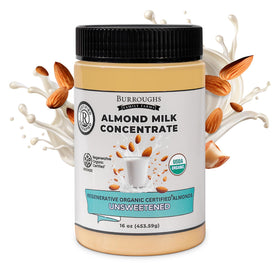 Burroughs Family Farms almond milk concentrate bottle showing shelf-stable packaging.