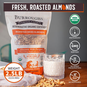 Burroughs Family Farms roasted-diced almonds, protein-rich snack option.