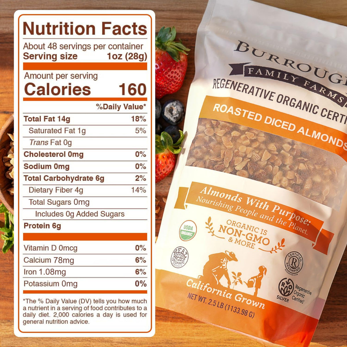 Burroughs Family Farms almonds, roasted-diced, ideal for baking and cooking.