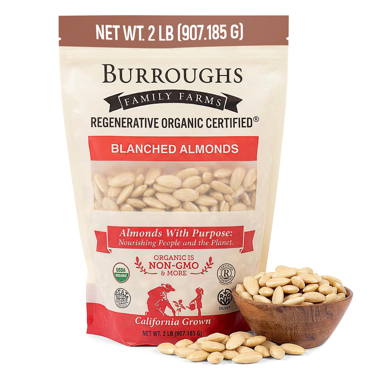 Burroughs Family Farms blanched almonds 2lb bag for clean, smooth flavor