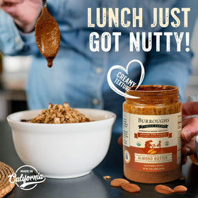 California regenerative farm badge on Burroughs almond butter label supports ROC.