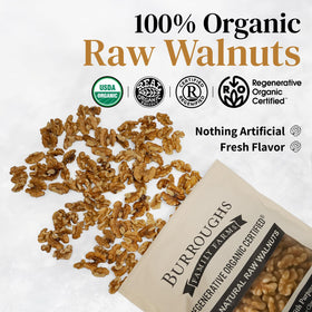 Burroughs Family Farms packaging shows farm-fresh walnuts harvested in California.