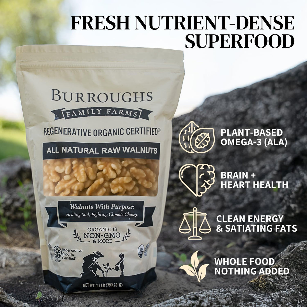 Burroughs walnuts organic, California-grown, highlighting regenerative farming.