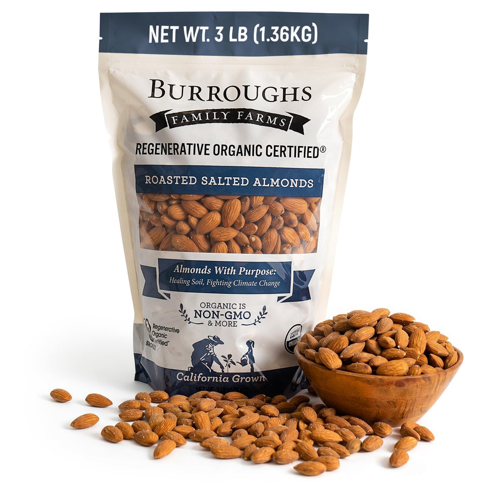 Burroughs Family Farms almonds in a front bag view for convenient snacking and crisp texture