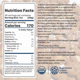 Ingredients panel for Burroughs Family Farms almonds highlighting organic and no added oils