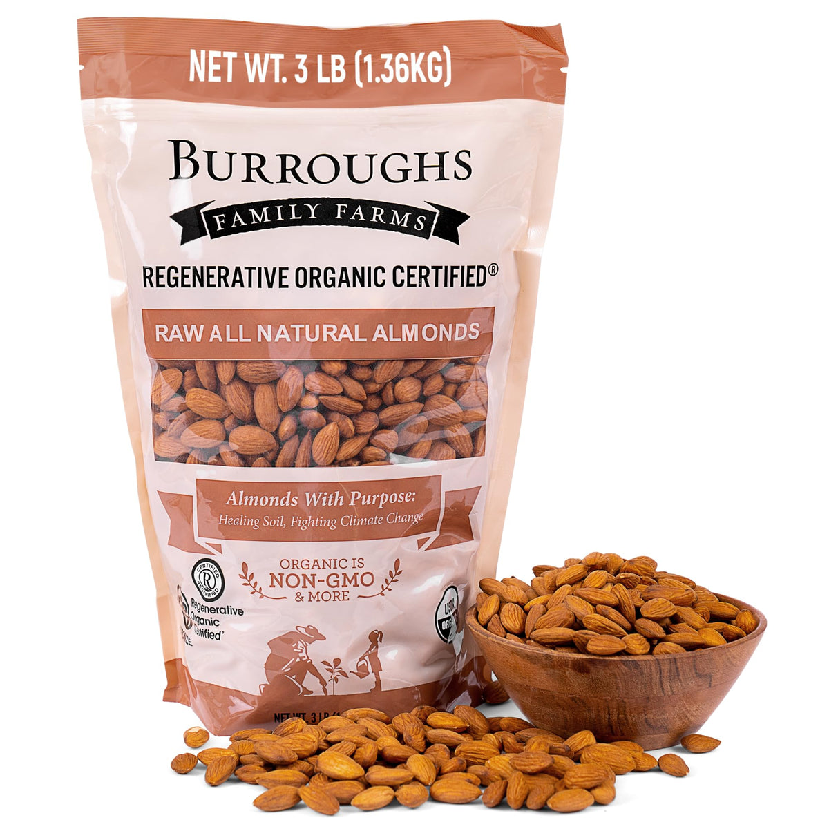 Burroughs Family Farms ROC raw almonds in a bag for a protein-rich snack.