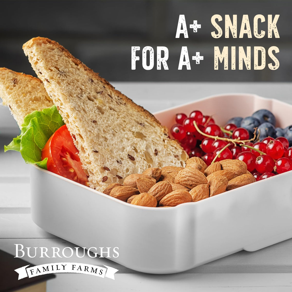 Burroughs Family Farms ROC raw almonds close-up, showcasing texture for snacking.