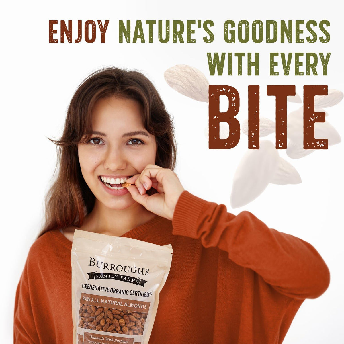 Burroughs Family Farms ROC raw almonds healthy, protein-rich snack option.