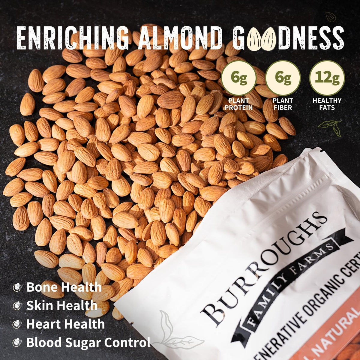 Burroughs Family Farms ROC raw almonds in kitchen scene for baking and milk.