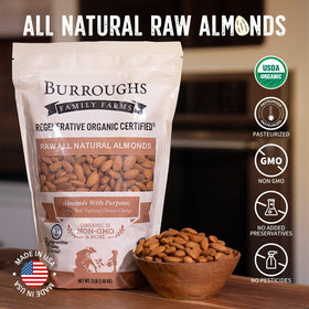 Burroughs Family Farms ROC raw almonds packaging label highlights organic and ROC status.