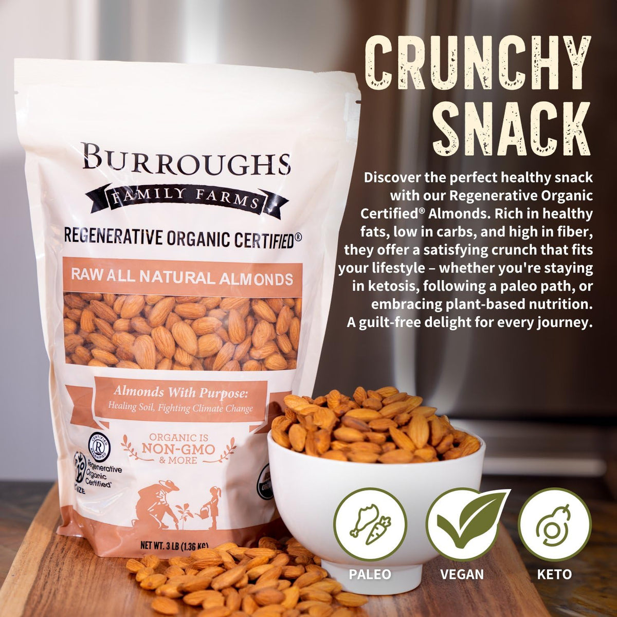 Burroughs Family Farms ROC raw almonds with sustainability seal, eco-conscious choice.