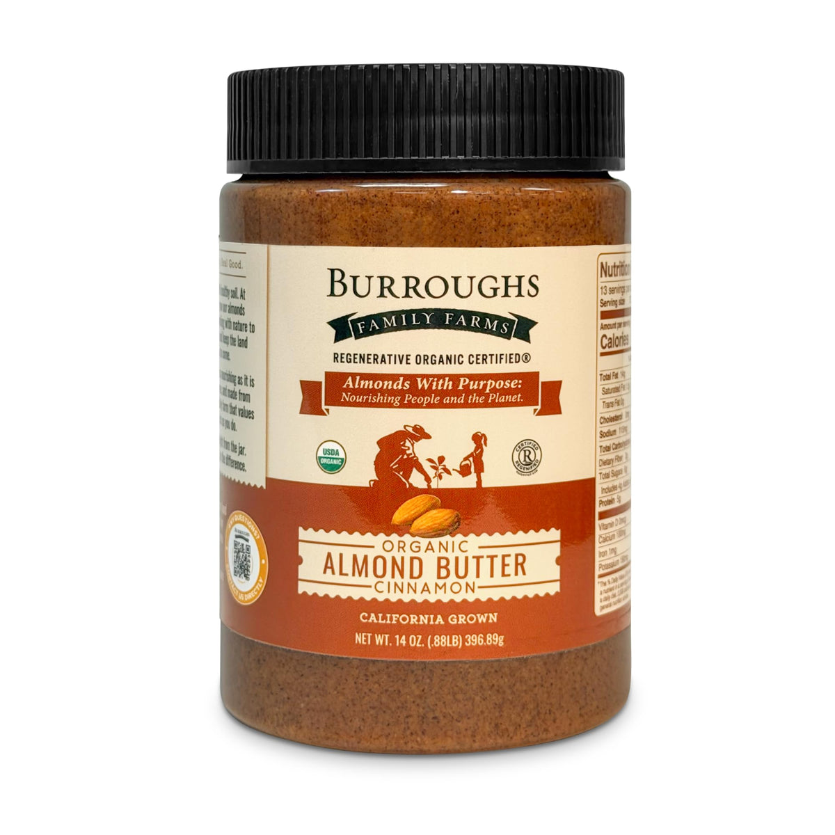Burroughs Family Farms almond butter cinnamon jar shows ROC organic ingredients for delicious everyday use.