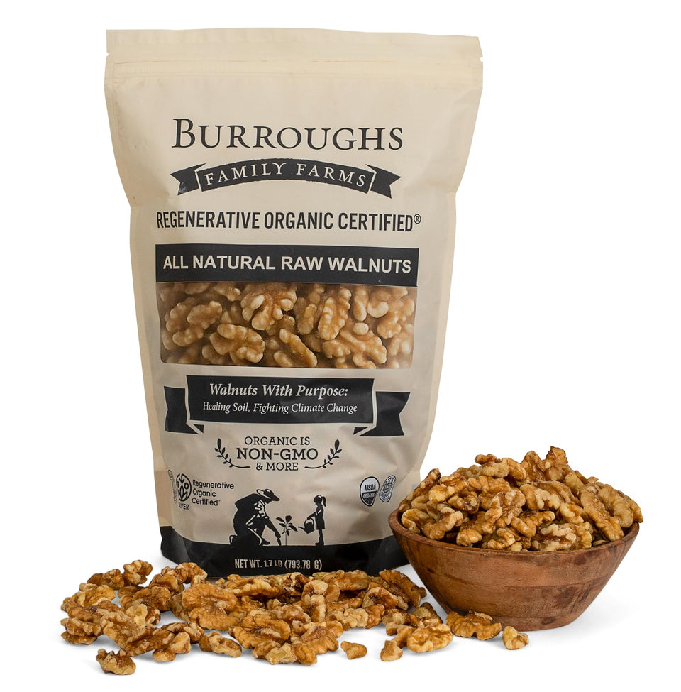 Burroughs Family Farms organic raw walnuts halves, fresh and nutrient-rich for snacking.