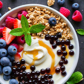 Bursties popping boba sprinkled over breakfast yogurt adds texture and aroma.
