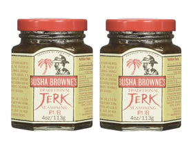 Busha Browne jerk seasoning rub bottle highlights authentic Jamaican flavor for grilled dishes