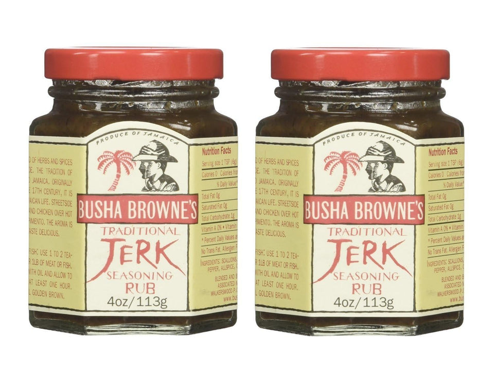 Busha Browne jerk seasoning rub bottle highlights authentic Jamaican flavor for grilled dishes