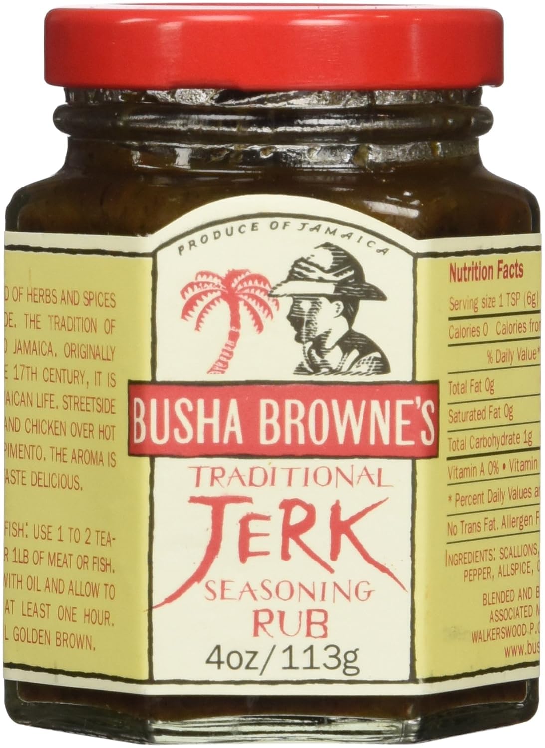 Busha Browne jerk seasoning rub packaging showcases Jamaica-origin spice for quick weeknight meals