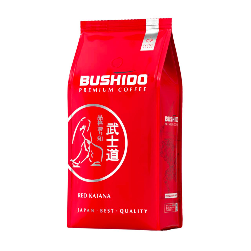 BUSHIDO Red Katana whole bean coffee in a 1kg bag, ideal for premium home brewing.