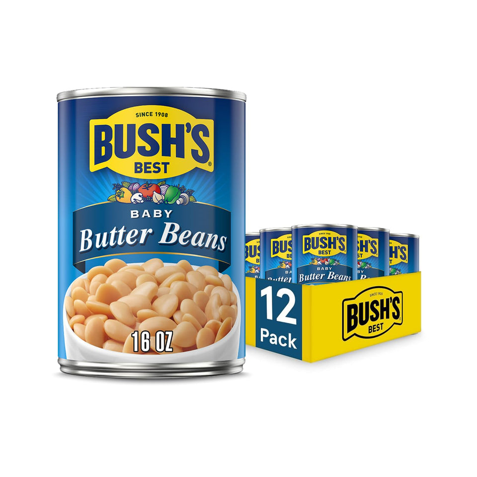 Bush's Best Baby Butter Beans can, creamy texture and protein-rich convenience for weeknight meals.