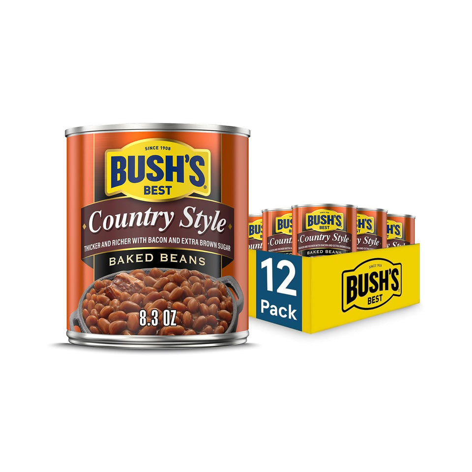 Bush's Best country-style baked beans with bacon and brown sugar, ideal grilling side.
