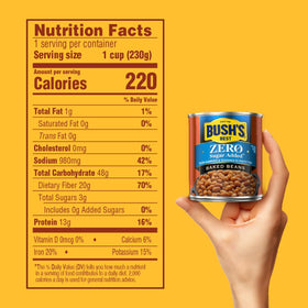Baked beans topping a rice dish featuring Bush's Best flavor.