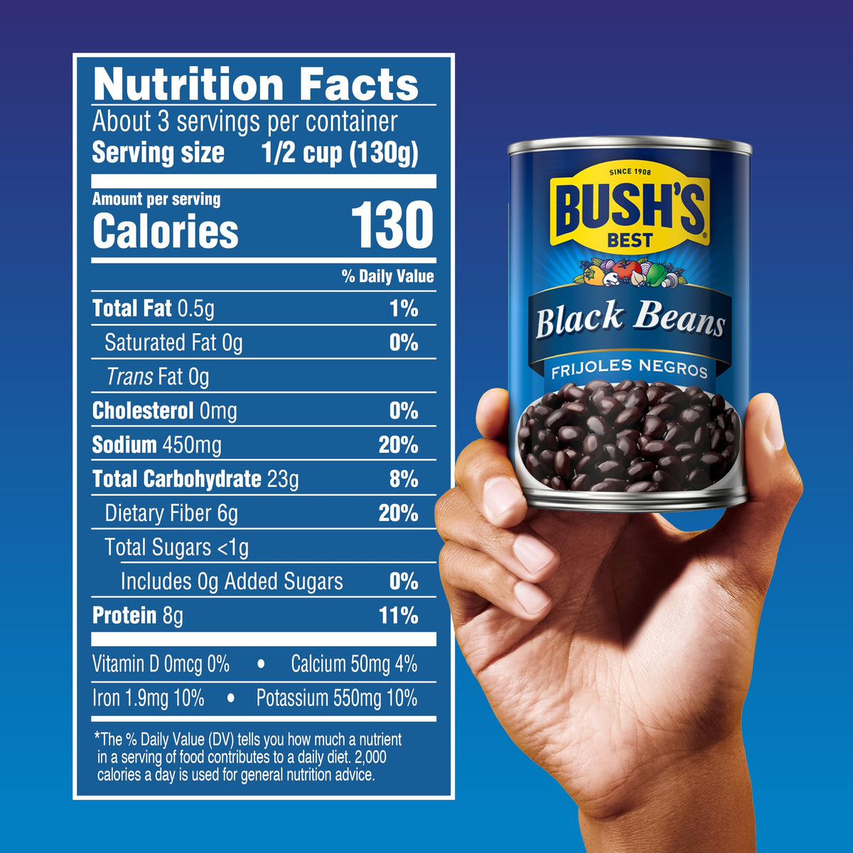 12-pack cans of Bush's Best Black Beans stocked for pantry cooking