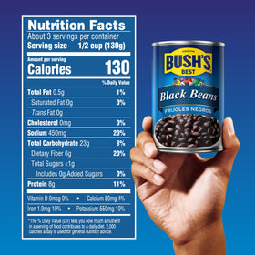 12-pack cans of Bush's Best Black Beans stocked for pantry cooking