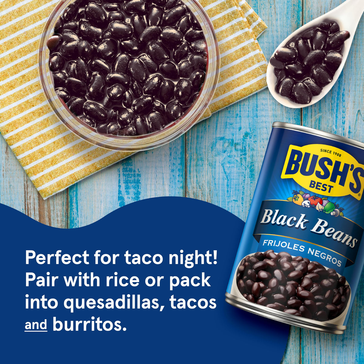 Close-up of Bush's Best Black Beans can highlighting gluten-free and protein-rich benefits
