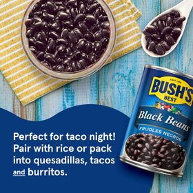 Close-up of Bush's Best Black Beans can highlighting gluten-free and protein-rich benefits
