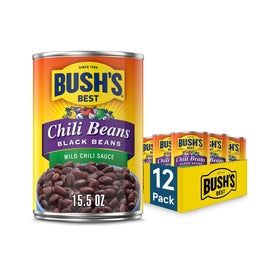 Bush's Best Black Beans in Mild Chili Sauce can, ready for quick meals.