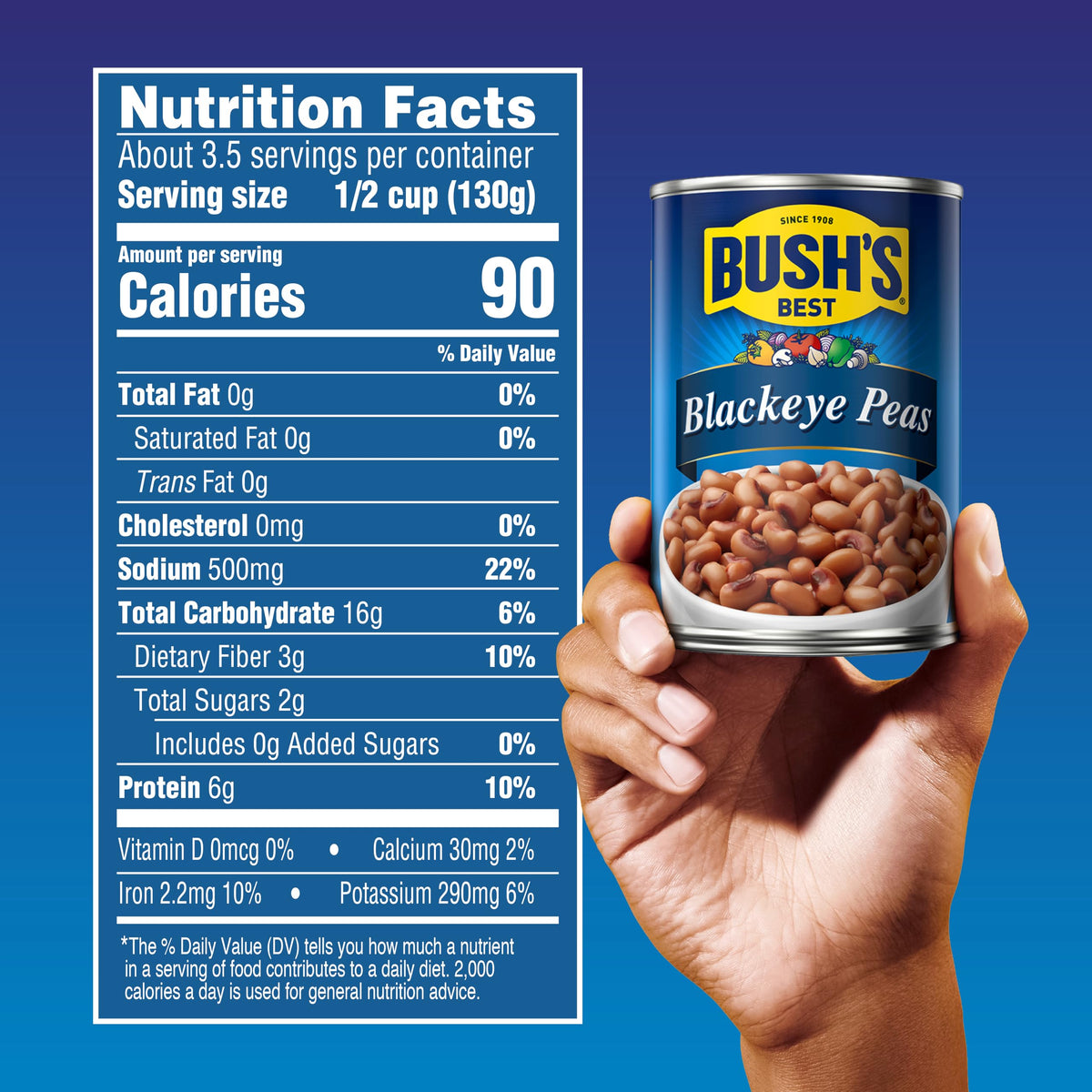 Bush's Best Blackeye Peas can with gluten-free label, ideal for gluten-free cooking.