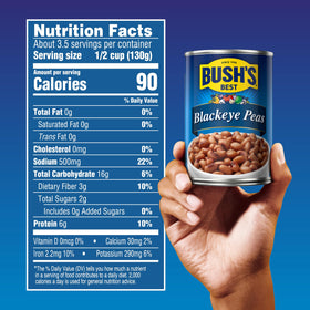 Bush's Best Blackeye Peas can with gluten-free label, ideal for gluten-free cooking.