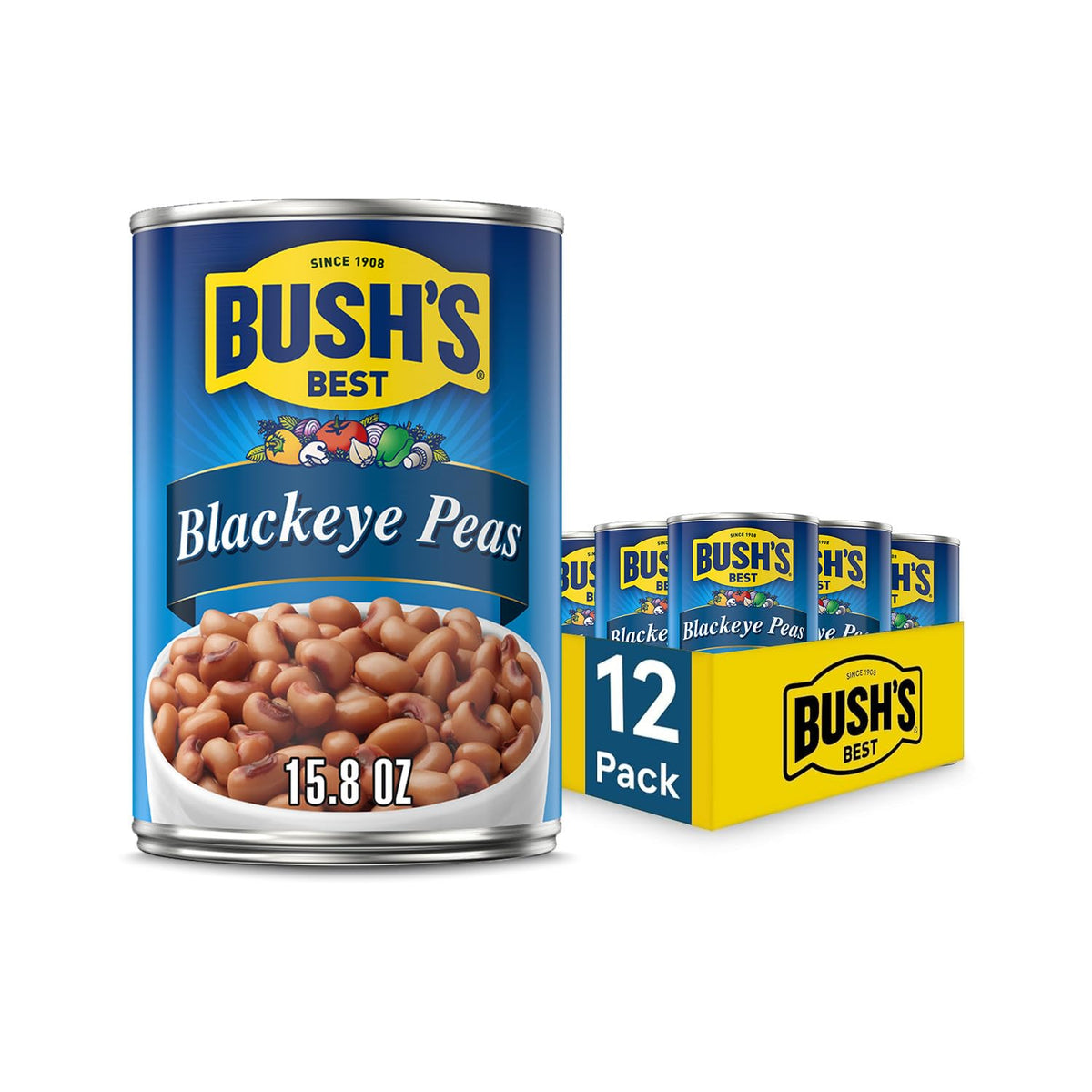 Bush's Best Blackeye Peas pack of 12 cans, a convenient pantry staple for quick meals.