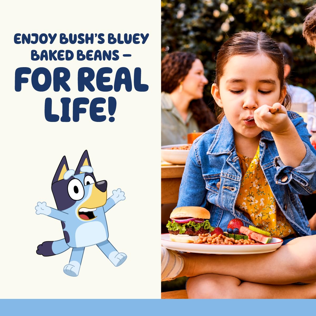 Bush's Best Bluey Baked Beans on a family dinner table with spoon.