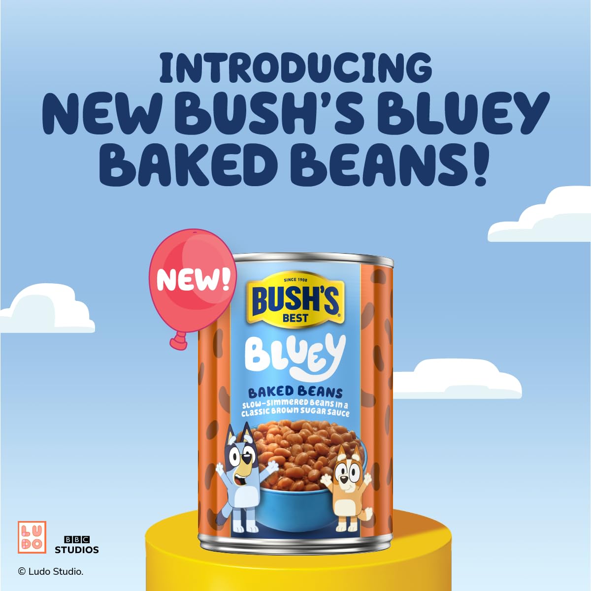 Bush's Best Bluey Baked Beans can ready to heat for a family meal.