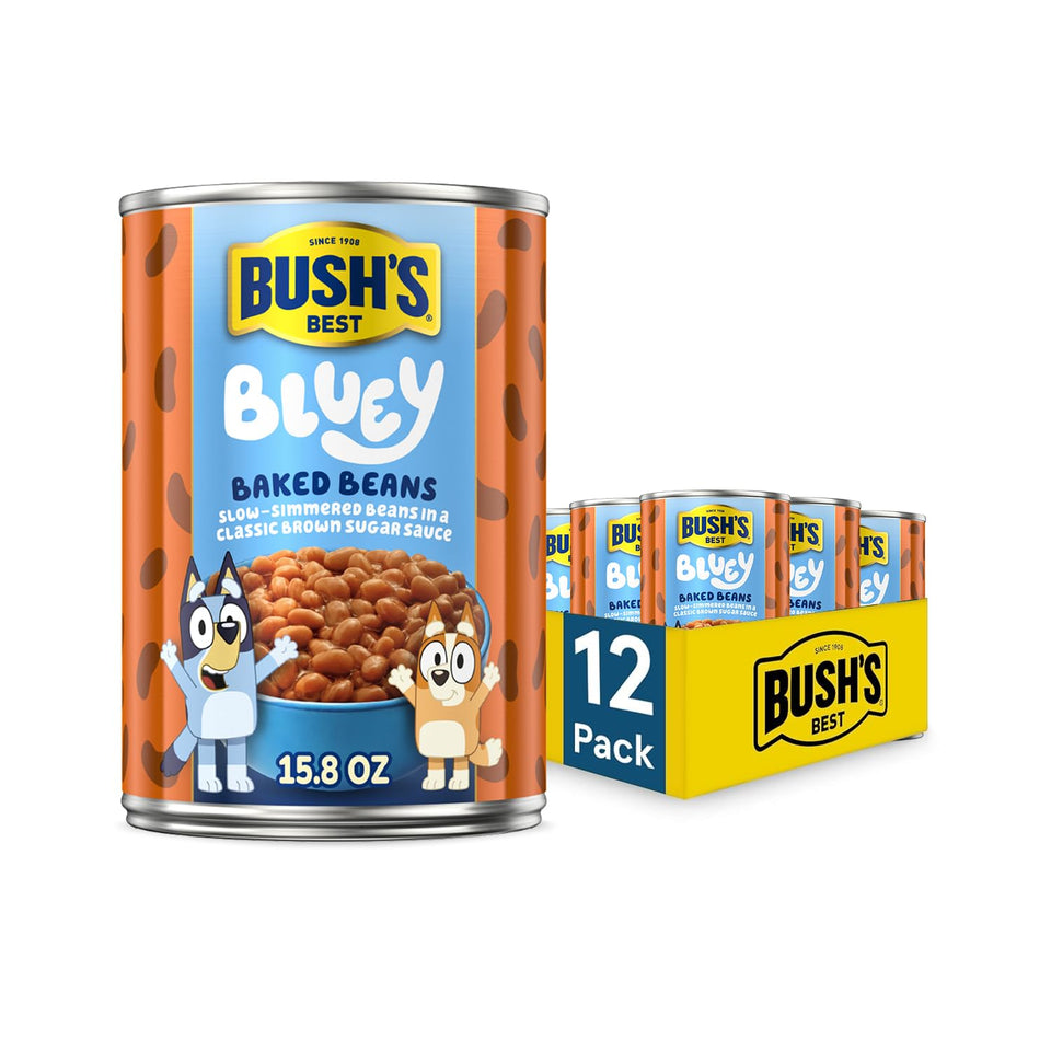 Bush's Best Bluey Baked Beans pack shows gluten-free and fiber label.