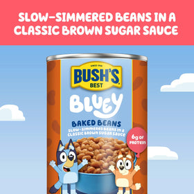 Bush's Best Bluey Baked Beans nutrition label highlights 6g protein per serving.
