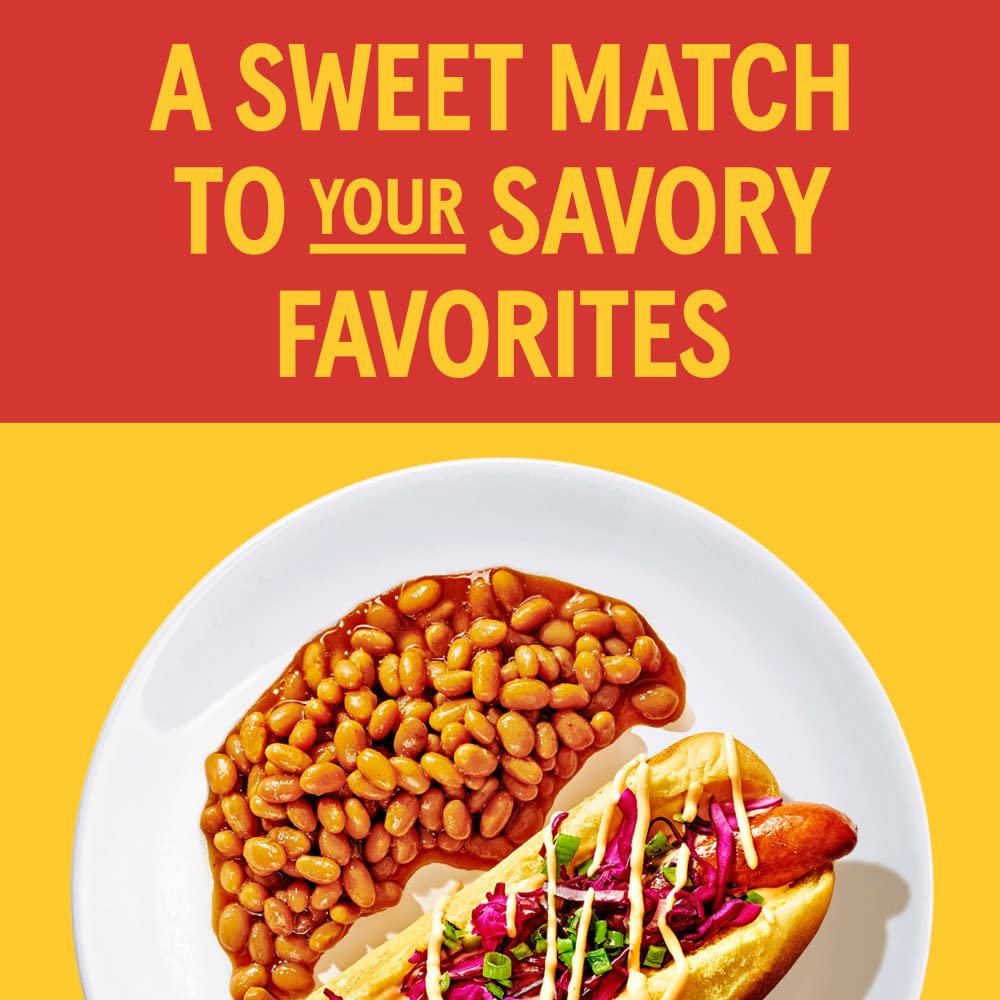 Bush's Best Brown Sugar Hickory Baked Beans label closeup showing gluten-free savory glaze.