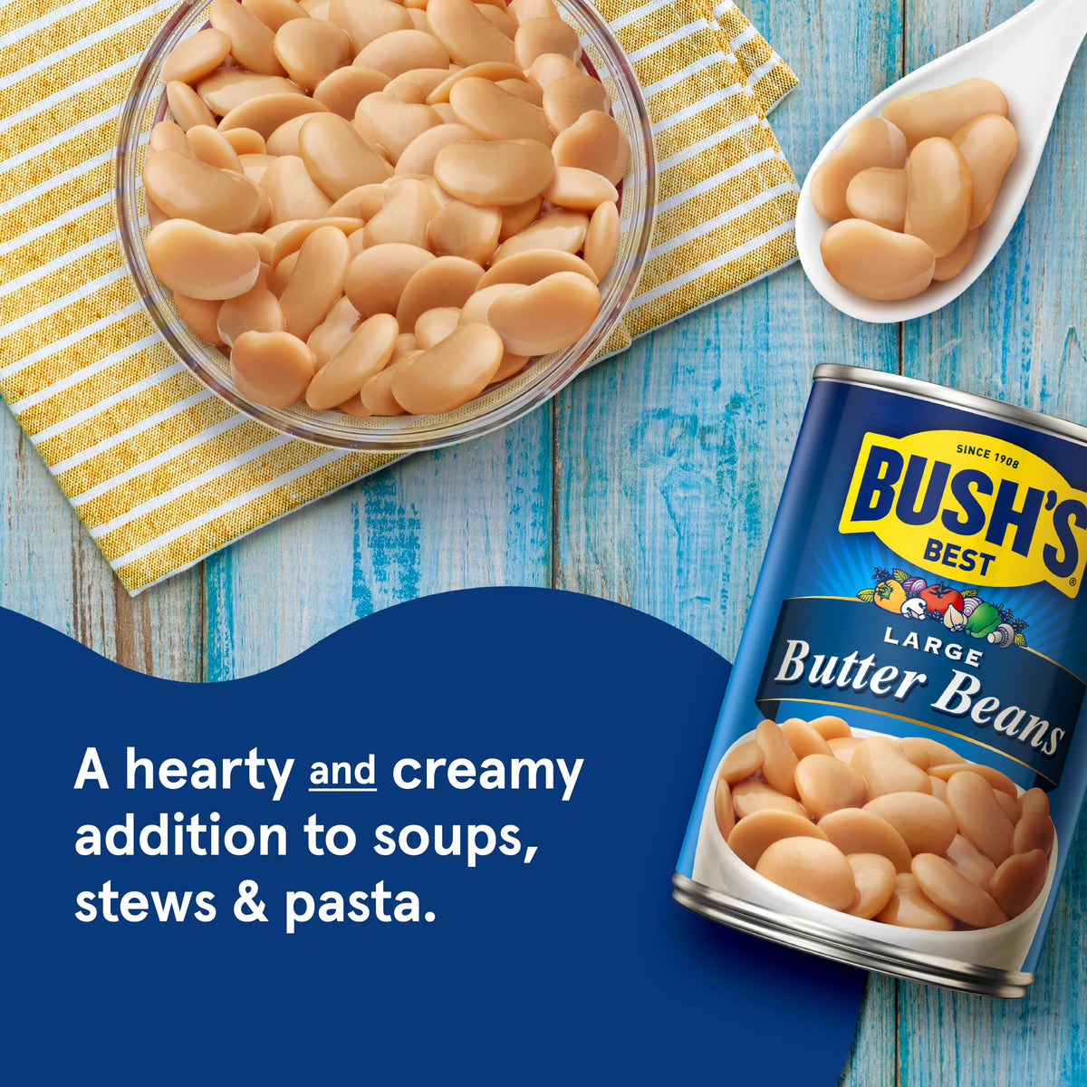 Bush's Best butter beans ready-to-use image highlighting plant-based protein benefits.