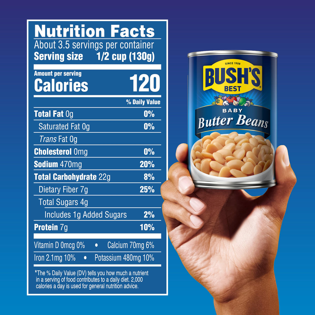 Bush's Best Butter Beans close-up, creamy texture ideal for soups and succotash.