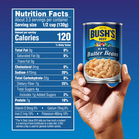 Bush's Best Butter Beans close-up, creamy texture ideal for soups and succotash.