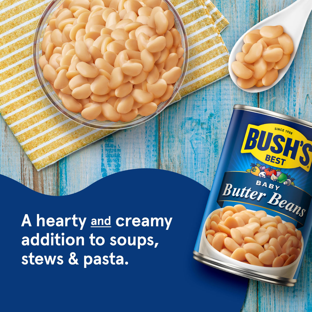 Bush's Best Butter Beans nutrition label, showing 7 g protein and 7 g fiber per serving.