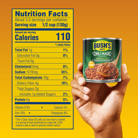 Bush's Best Campfire Style Chili Magic Starter pack of 12 cans on pantry shelf.