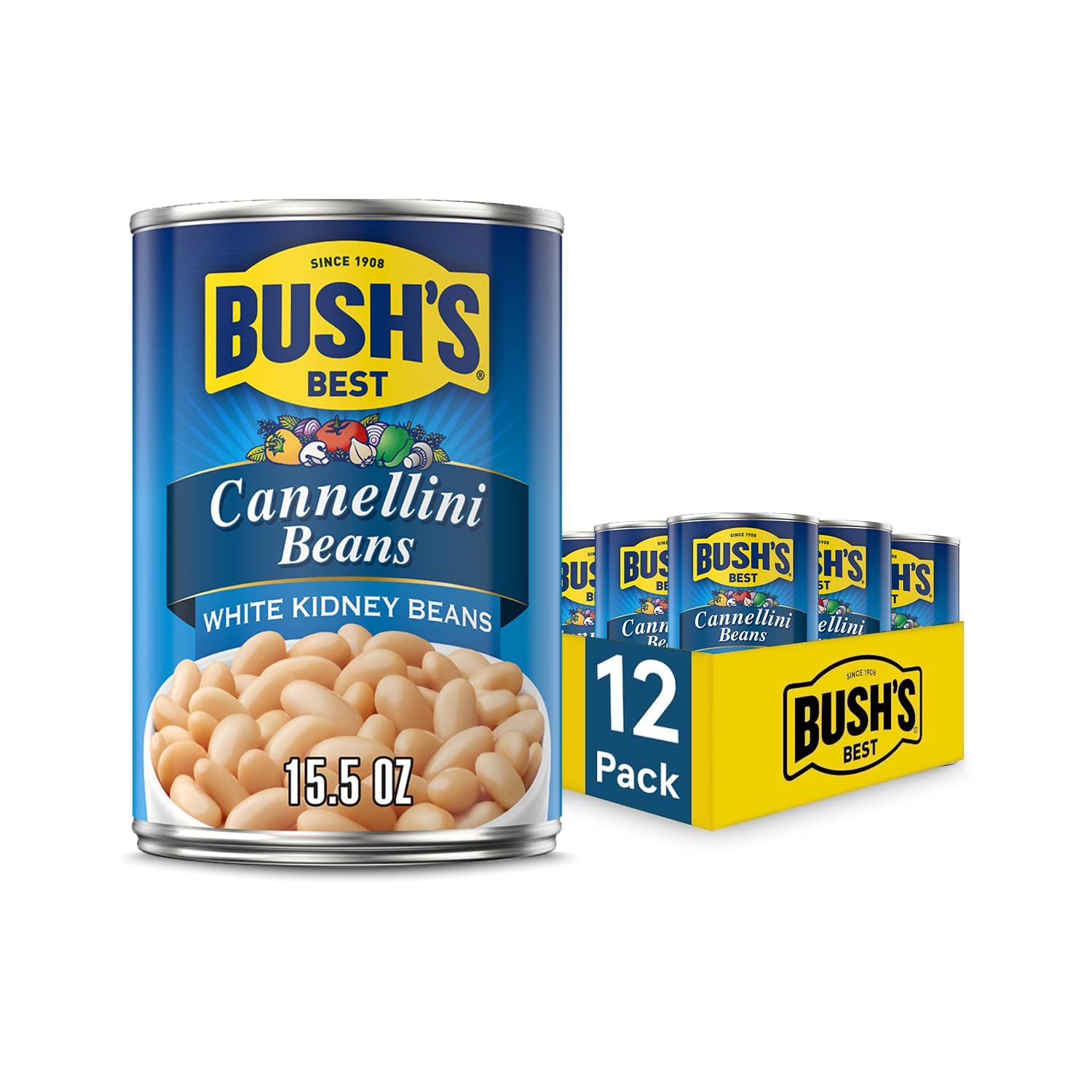 Bush's Best cannellini beans can label, pantry staple with protein.