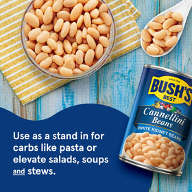Bush's Best cannellini beans in a bowl, ready for pasta sauces.