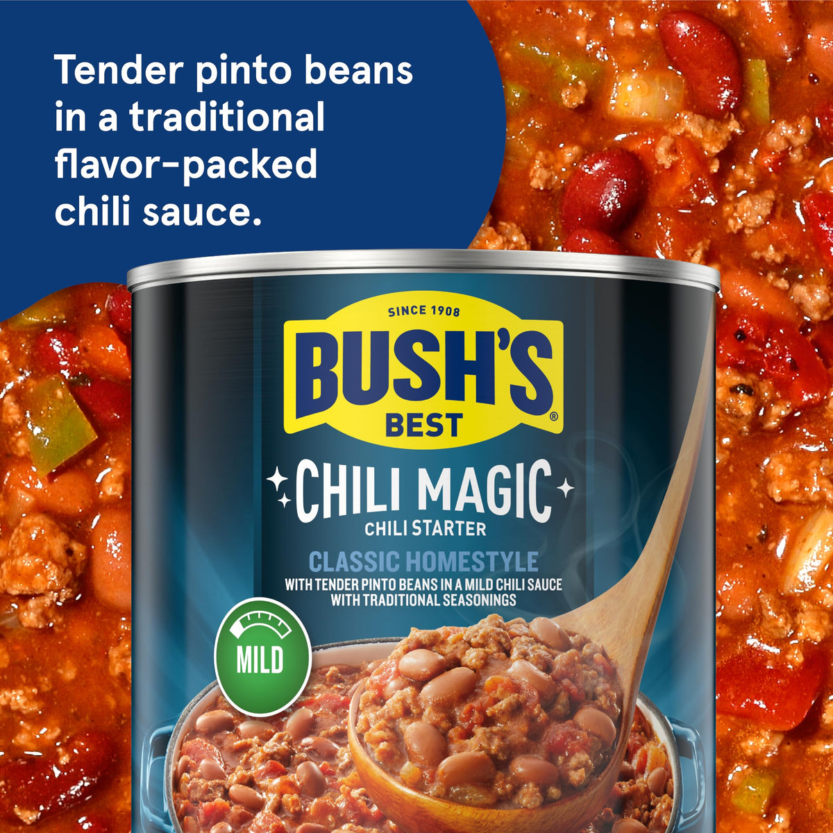 Bush's Best Chili Magic Starter can label closeup highlighting gluten-free and convenient.
