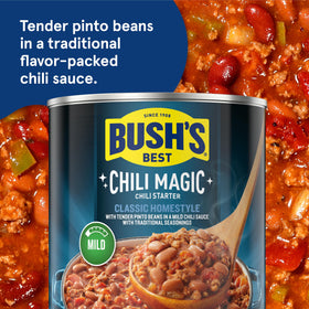 Bush's Best Chili Magic Starter can label closeup highlighting gluten-free and convenient.