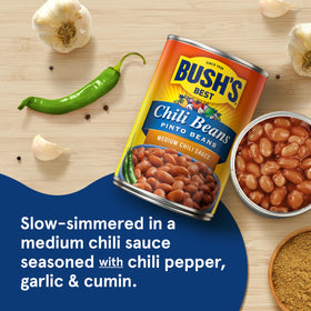 Bush's Best cholesterol-free pinto beans in chili sauce for quick meals.
