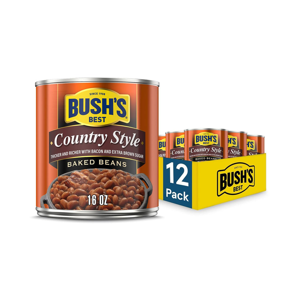 Bush's Best Country Style Baked Beans cans on shelf, gluten-free side option.